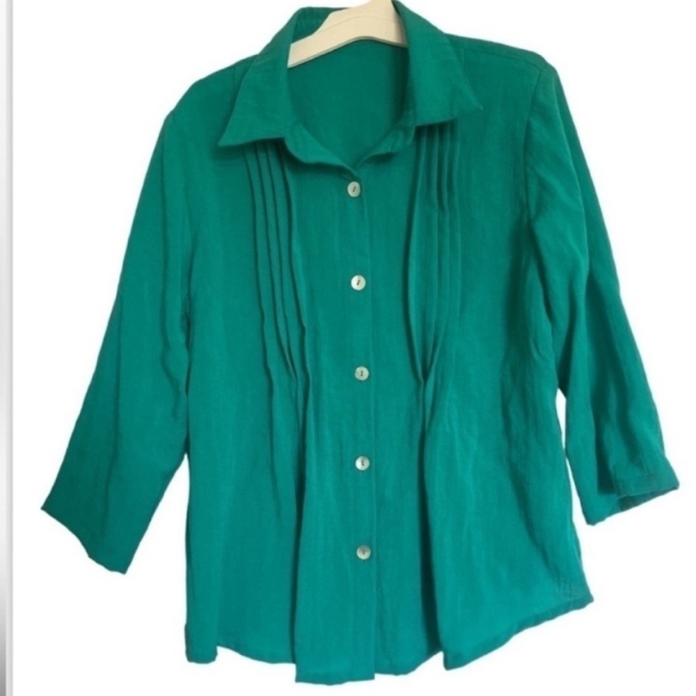 Fridaze Linen Button Down Top Evergreen Green Pleated Front Lightweight Blouse